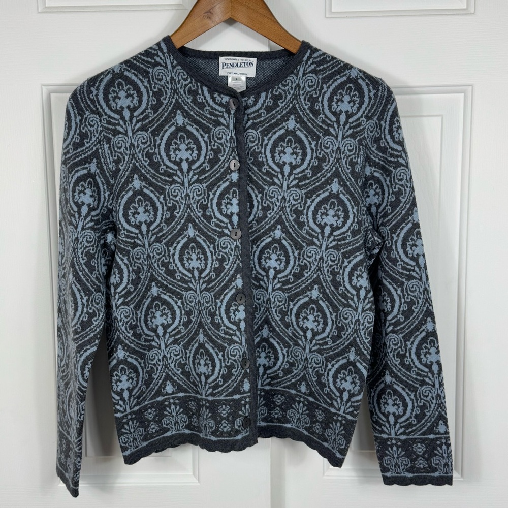 Pendleton 100% Merino Wool Cardigan Sweater S- Gray‎ Blue Paisley, Button Front